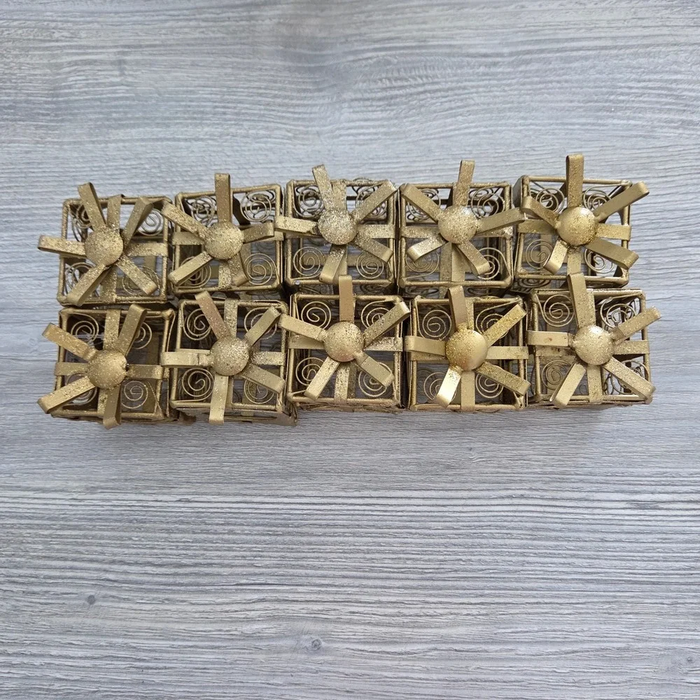 Napkin Rings Gold Gift Box Filigree Glitter Holiday Decor Set of 10 Christmas
